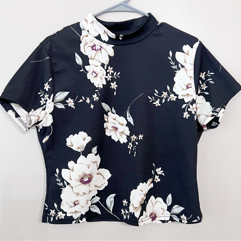 Shein Black Floral Crop Blouse